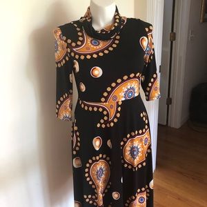 Black paisley print cowl neck dress.